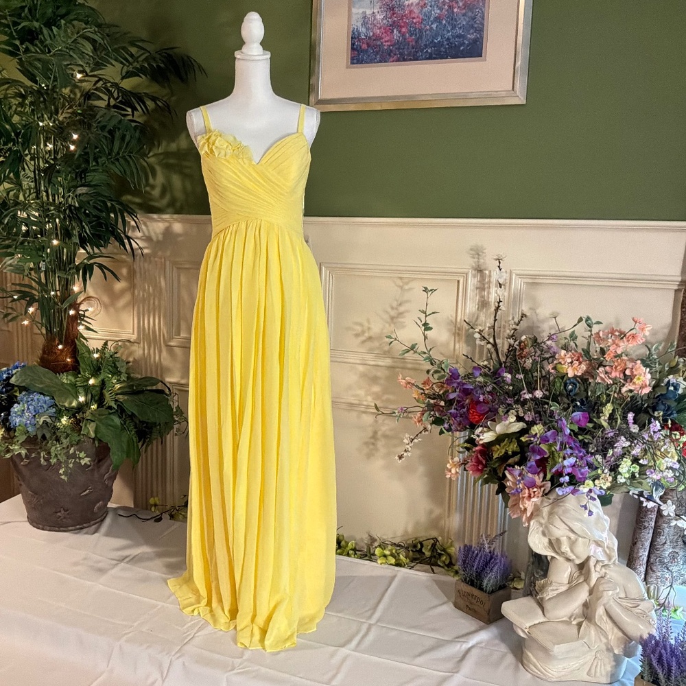Yellow chiffon with flower and straps prom bridesmaid dress